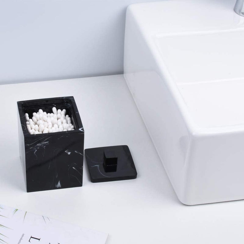 Jung Ford Qtip Holder for Bathroom with Lid â€“ Square Cotton Swab Organizer, Cotton Ball Dispenser, Makeup Pad Container â€“ Marble Look Resin Vanity Storage (Black) - Image 3